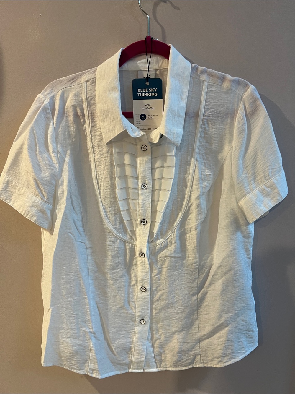 NWT CAbi White Short-Sleeve Button Front Tuxedo Top/Blouse